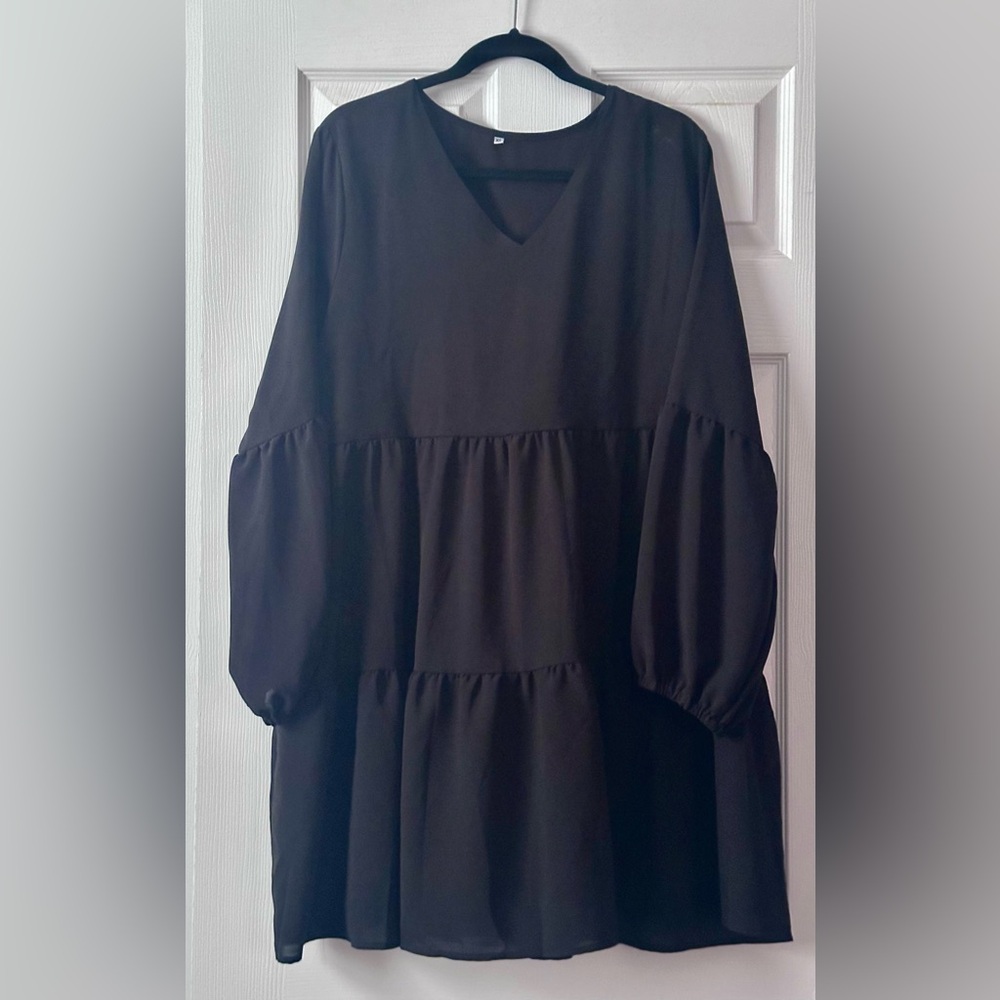 Amazon Black Ruched V-Neck Sundress with Bishop Sleeves
